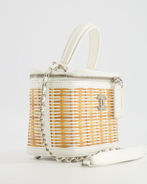 *RARE* Chanel White Small Take Away Vanity Top Handle Bag in White and Beige Wicker with Silver Hardware