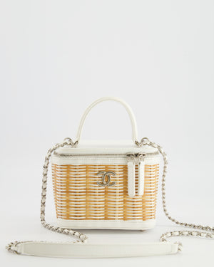 *RARE* Chanel White Small Take Away Vanity Top Handle Bag in White and Beige Wicker with Silver Hardware