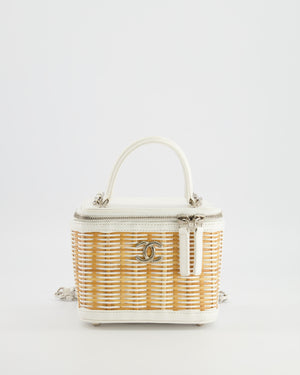 *RARE* Chanel White Small Take Away Vanity Top Handle Bag in White and Beige Wicker with Silver Hardware