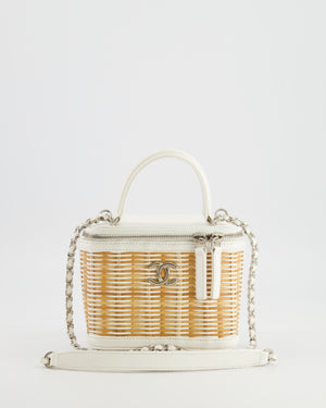 *RARE* Chanel White Small Take Away Vanity Top Handle Bag in White and Beige Wicker with Silver Hardware