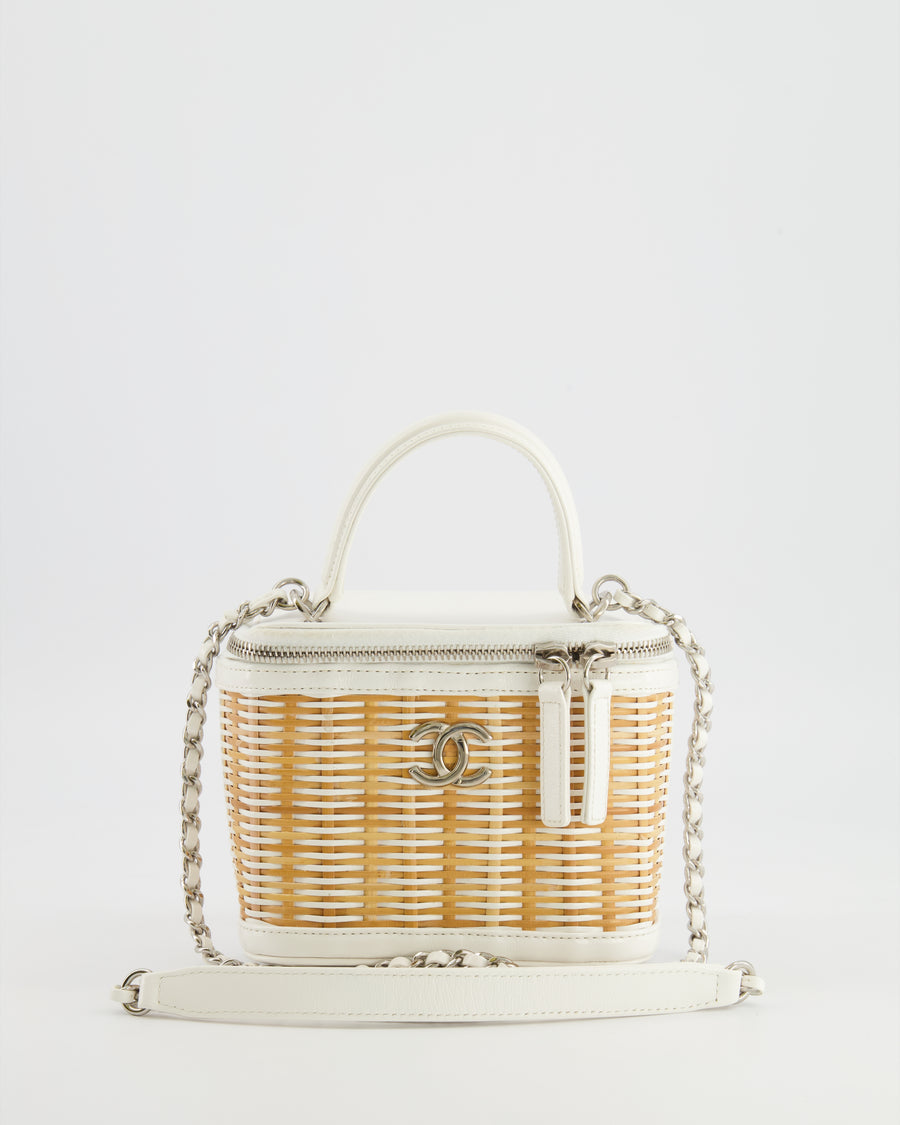 *RARE* Chanel White Small Take Away Vanity Top Handle Bag in White and Beige Wicker with Silver Hardware