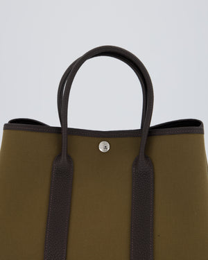 Hermès Garden Party 30 Bag in Vert Olive Canvas and Bai Brun Negonda Leather with Palladium Hardware