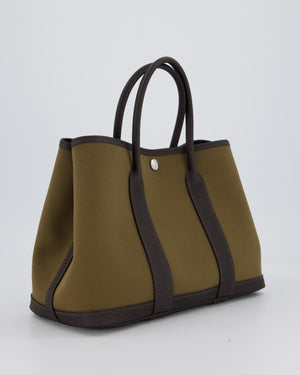 Hermès Garden Party 30 Bag in Vert Olive Canvas and Bai Brun Negonda Leather with Palladium Hardware
