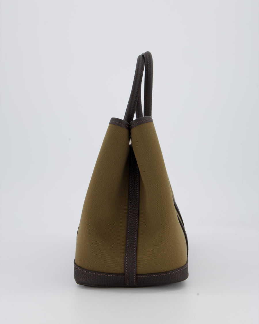 Hermès Garden Party 30 Bag in Vert Olive Canvas and Bai Brun Negonda Leather with Palladium Hardware