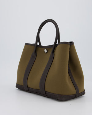Hermès Garden Party 30 Bag in Vert Olive Canvas and Bai Brun Negonda Leather with Palladium Hardware