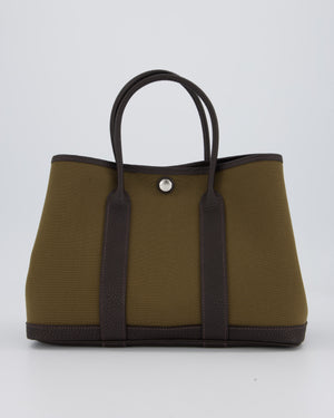 Hermès Garden Party 30 Bag in Vert Olive Canvas and Bai Brun Negonda Leather with Palladium Hardware
