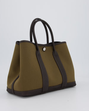 Hermès Garden Party 30 Bag in Vert Olive Canvas and Bai Brun Negonda Leather with Palladium Hardware