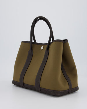 Hermès Garden Party 30 Bag in Vert Olive Canvas and Bai Brun Negonda Leather with Palladium Hardware
