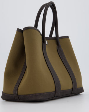 Hermès Garden Party 30 Bag in Vert Olive Canvas and Bai Brun Negonda Leather with Palladium Hardware