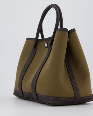 Hermès Garden Party 30 Bag in Vert Olive Canvas and Bai Brun Negonda Leather with Palladium Hardware