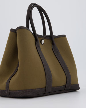 Hermès Garden Party 30 Bag in Vert Olive Canvas and Bai Brun Negonda Leather with Palladium Hardware
