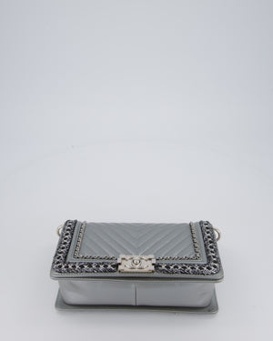 Chanel Metallic Silver Medium Boy Bag in Chevron-Quilted Leather with Braided Tweed Trim and Silver Hardware