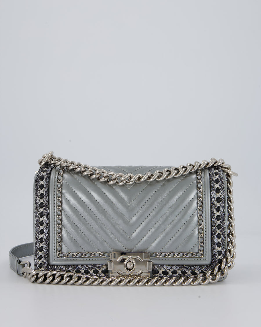 Chanel Metallic Silver Medium Boy Bag in Chevron-Quilted Leather with Braided Tweed Trim and Silver Hardware