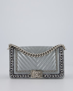 Chanel Metallic Silver Medium Boy Bag in Chevron-Quilted Leather with Braided Tweed Trim and Silver Hardware