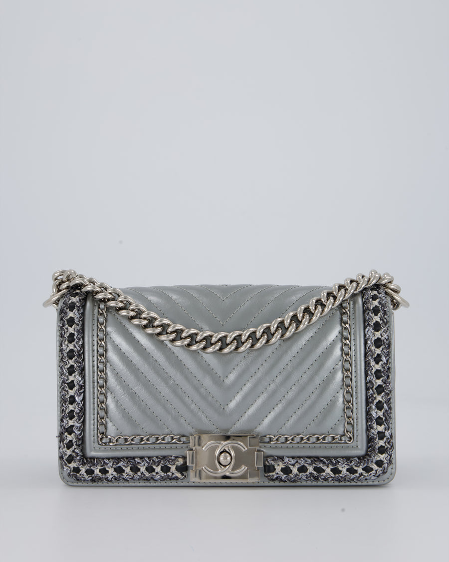 Chanel Metallic Silver Medium Boy Bag in Chevron-Quilted Leather with Braided Tweed Trim and Silver Hardware