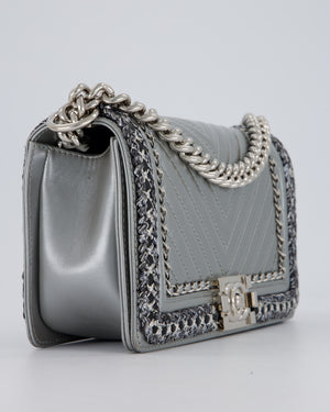 Chanel Metallic Silver Medium Boy Bag in Chevron-Quilted Leather with Braided Tweed Trim and Silver Hardware