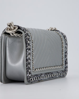 Chanel Metallic Silver Medium Boy Bag in Chevron-Quilted Leather with Braided Tweed Trim and Silver Hardware
