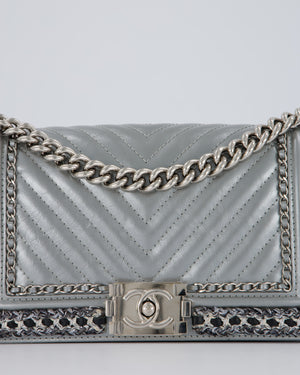 Chanel Metallic Silver Medium Boy Bag in Chevron-Quilted Leather with Braided Tweed Trim and Silver Hardware
