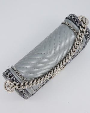 Chanel Metallic Silver Medium Boy Bag in Chevron-Quilted Leather with Braided Tweed Trim and Silver Hardware