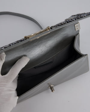 Chanel Metallic Silver Medium Boy Bag in Chevron-Quilted Leather with Braided Tweed Trim and Silver Hardware