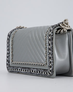 Chanel Metallic Silver Medium Boy Bag in Chevron-Quilted Leather with Braided Tweed Trim and Silver Hardware
