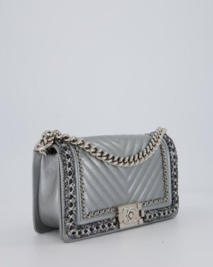 Chanel Metallic Silver Medium Boy Bag in Chevron-Quilted Leather with Braided Tweed Trim and Silver Hardware