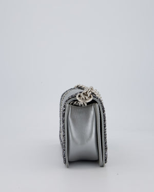 Chanel Metallic Silver Medium Boy Bag in Chevron-Quilted Leather with Braided Tweed Trim and Silver Hardware