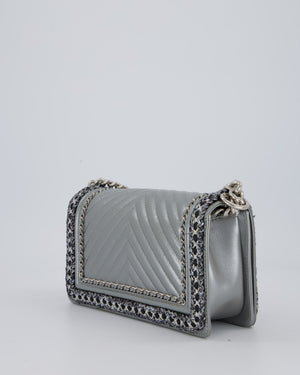 Chanel Metallic Silver Medium Boy Bag in Chevron-Quilted Leather with Braided Tweed Trim and Silver Hardware