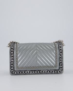 Chanel Metallic Silver Medium Boy Bag in Chevron-Quilted Leather with Braided Tweed Trim and Silver Hardware