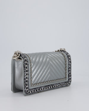 Chanel Metallic Silver Medium Boy Bag in Chevron-Quilted Leather with Braided Tweed Trim and Silver Hardware