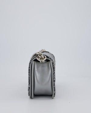 Chanel Metallic Silver Medium Boy Bag in Chevron-Quilted Leather with Braided Tweed Trim and Silver Hardware