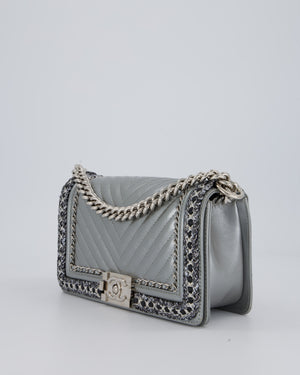 Chanel Metallic Silver Medium Boy Bag in Chevron-Quilted Leather with Braided Tweed Trim and Silver Hardware