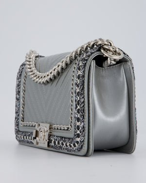 Chanel Metallic Silver Medium Boy Bag in Chevron-Quilted Leather with Braided Tweed Trim and Silver Hardware