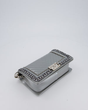 Chanel Metallic Silver Medium Boy Bag in Chevron-Quilted Leather with Braided Tweed Trim and Silver Hardware