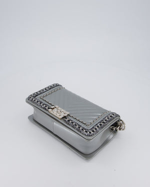 Chanel Metallic Silver Medium Boy Bag in Chevron-Quilted Leather with Braided Tweed Trim and Silver Hardware