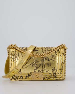 Chanel 19A Metallic Gold & Black Graffiti Print Medium Boy Bag in Croc Embossed Calfskin Leather with Gold Hardware