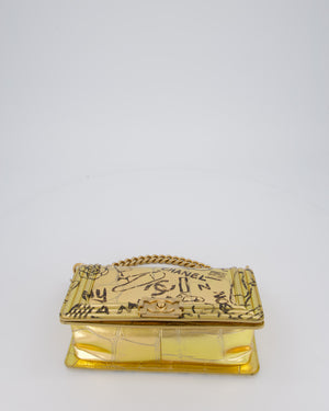 Chanel 19A Metallic Gold & Black Graffiti Print Medium Boy Bag in Croc Embossed Calfskin Leather with Gold Hardware