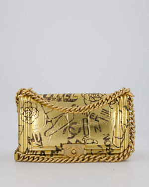 Chanel 19A Metallic Gold & Black Graffiti Print Medium Boy Bag in Croc Embossed Calfskin Leather with Gold Hardware