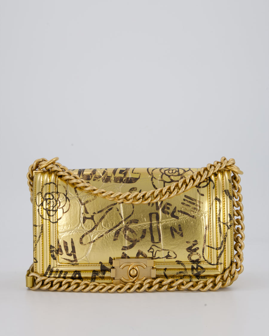 Chanel 19A Metallic Gold & Black Graffiti Print Medium Boy Bag in Croc Embossed Calfskin Leather with Gold Hardware
