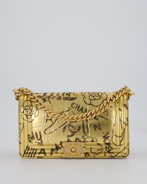 Chanel 19A Metallic Gold & Black Graffiti Print Medium Boy Bag in Croc Embossed Calfskin Leather with Gold Hardware