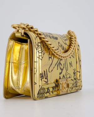 Chanel 19A Metallic Gold & Black Graffiti Print Medium Boy Bag in Croc Embossed Calfskin Leather with Gold Hardware