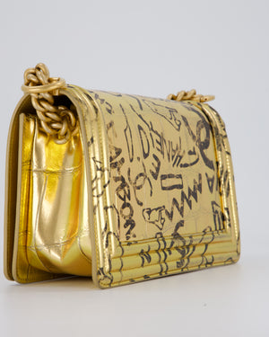 Chanel 19A Metallic Gold & Black Graffiti Print Medium Boy Bag in Croc Embossed Calfskin Leather with Gold Hardware