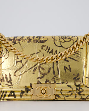 Chanel 19A Metallic Gold & Black Graffiti Print Medium Boy Bag in Croc Embossed Calfskin Leather with Gold Hardware