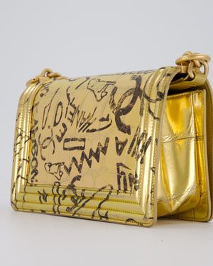 Chanel 19A Metallic Gold & Black Graffiti Print Medium Boy Bag in Croc Embossed Calfskin Leather with Gold Hardware
