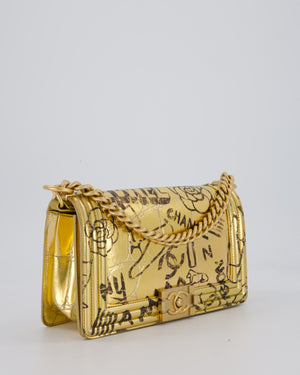 Chanel 19A Metallic Gold & Black Graffiti Print Medium Boy Bag in Croc Embossed Calfskin Leather with Gold Hardware
