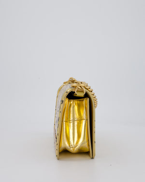 Chanel 19A Metallic Gold & Black Graffiti Print Medium Boy Bag in Croc Embossed Calfskin Leather with Gold Hardware