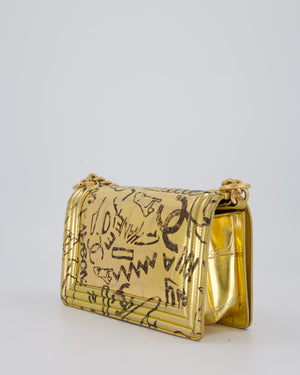 Chanel 19A Metallic Gold & Black Graffiti Print Medium Boy Bag in Croc Embossed Calfskin Leather with Gold Hardware