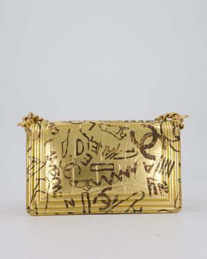 Chanel 19A Metallic Gold & Black Graffiti Print Medium Boy Bag in Croc Embossed Calfskin Leather with Gold Hardware
