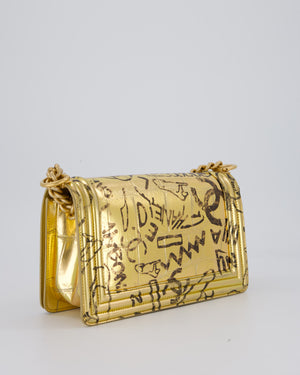 Chanel 19A Metallic Gold & Black Graffiti Print Medium Boy Bag in Croc Embossed Calfskin Leather with Gold Hardware