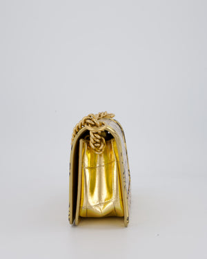 Chanel 19A Metallic Gold & Black Graffiti Print Medium Boy Bag in Croc Embossed Calfskin Leather with Gold Hardware